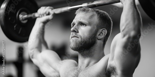 A muscular man lifting a barbell overhead in a focused workout session.