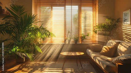 Natural wooden blinds slightly open, allowing beams of soft sunlight to filter into a cozy living room, with plants casting shadows across the floor 