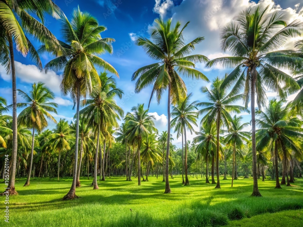 Tropical Paradise: Outdoor Landscape with Coconut Trees and Clear Blue Sky Tropical Paradise: Outdoor Landscape with Coconut Trees and Clear Blue Sky