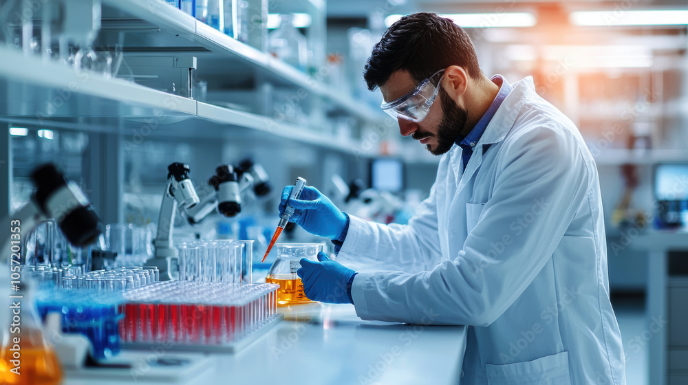 A scientist in a lab coat conducts an experiment, carefully mixing liquids in a laboratory filled with glassware and equipment. A scientist in a lab coat conducts an experiment, carefully mixing liquids in a laboratory filled with glassware and equipment.