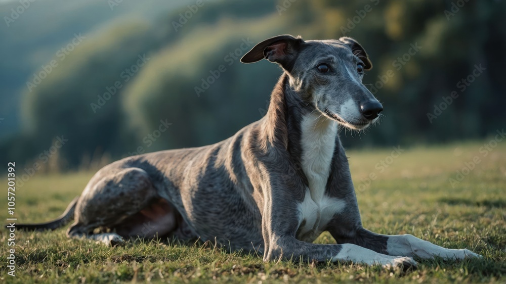 A greyhound resting peacefully in a grassy field with a serene background. A greyhound resting peacefully in a grassy field with a serene background.