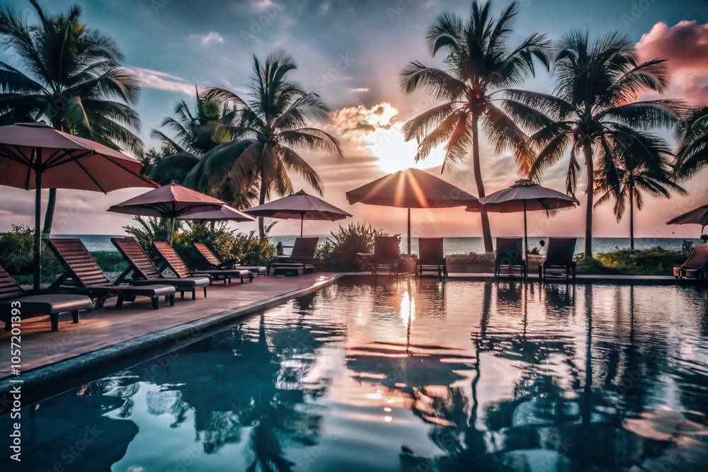 Tropical Resort Pool Oasis with Lounge Chairs and Palm Trees for Ultimate Relaxation and Leisure Activities Tropical Resort Pool Oasis with Lounge Chairs and Palm Trees for Ultimate Relaxation and Leisure Activities