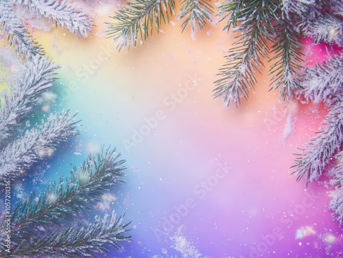 Christmas rainbow background with fir branches and lights