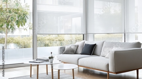 Sheer roller blinds rolled halfway down, gently softening the light, with a modern living room backdrop featuring clean lines and minimalist decor 