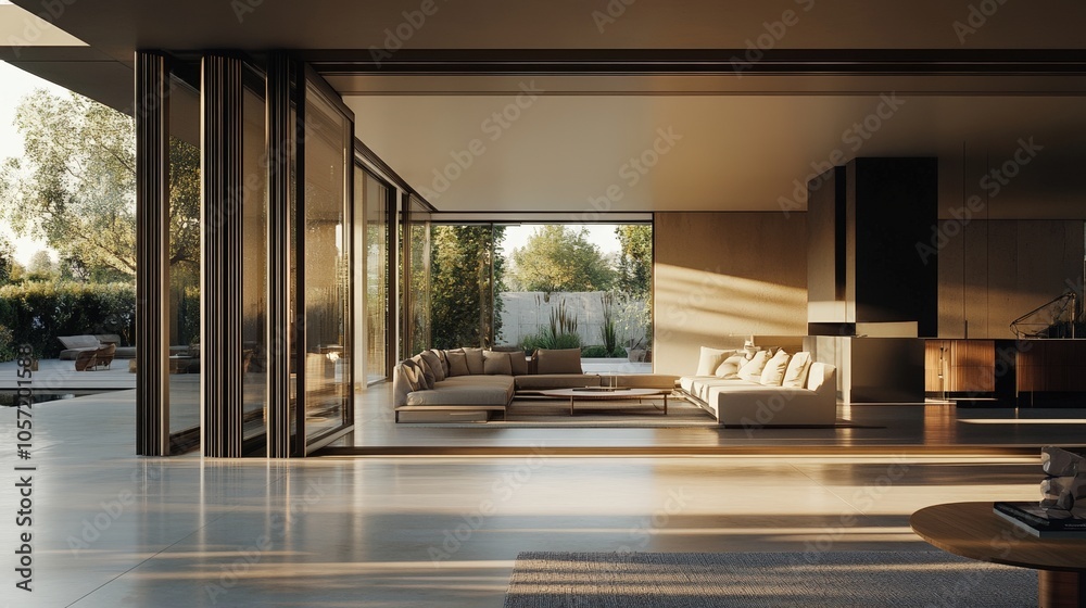 Sleek glass folding doors fully open, connecting a modern living room to an outdoor patio, sunlight streaming through and reflecting off the glass Sleek glass folding doors fully open, connecting a modern living room to an outdoor patio, sunlight streaming through and reflecting off the glass