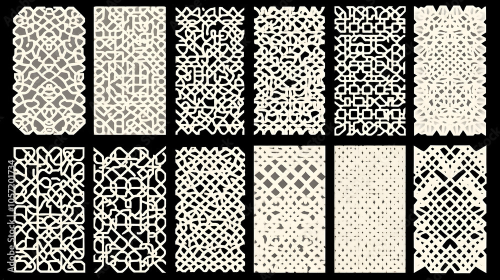 A set of twelve geometric patterns in a white and beige color scheme. A set of twelve geometric patterns in a white and beige color scheme.