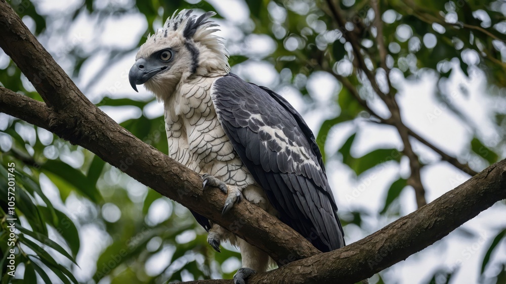 A majestic bird perched on a branch amidst lush greenery. A majestic bird perched on a branch amidst lush greenery.