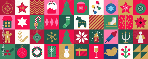 Minimalist geometric elements and icons. Merry Christmas template background. Abstract trendy banner in simple flat design. Holiday decoration. Vector illustration.
