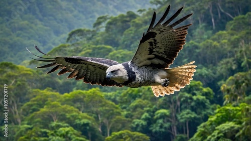 A majestic bird of prey soaring through lush greenery, showcasing its powerful wingspan.