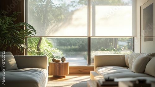 Sleek modern roller blinds partially drawn, with soft sunlight filtering through, casting gentle shadows across a minimalist living room 