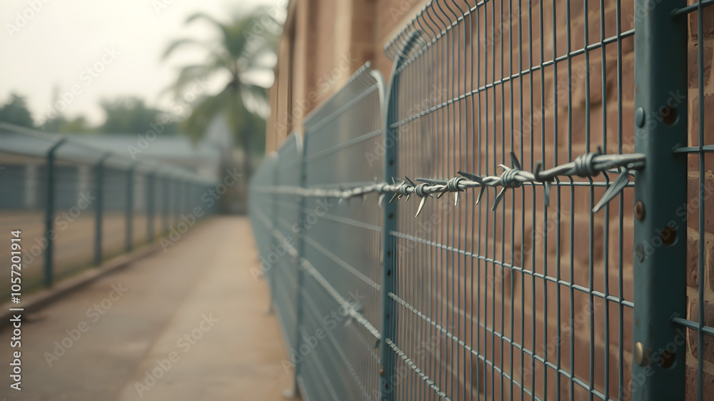 Barbed wire fence encloses a pathway leading to a brick building Barbed wire fence encloses a pathway leading to a brick building