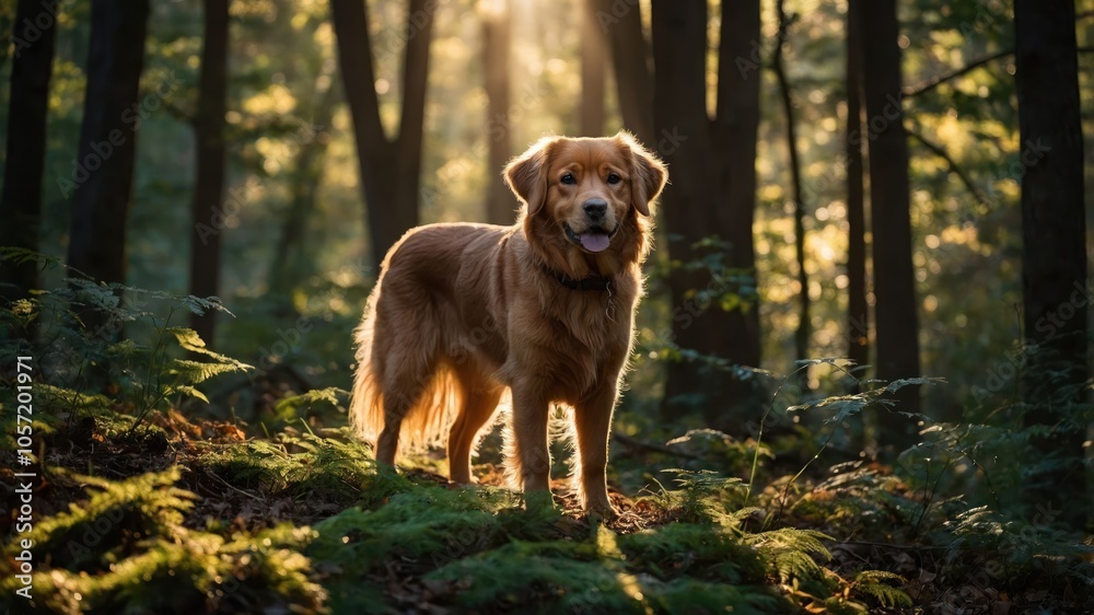 A golden retriever stands majestically in a sunlit forest, surrounded by lush greenery. A golden retriever stands majestically in a sunlit forest, surrounded by lush greenery.