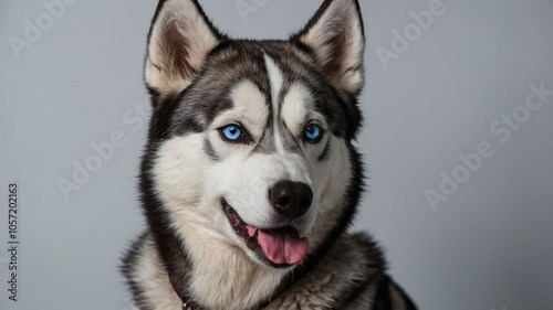 A close-up portrait of a Siberian Husky with striking blue eyes and a friendly expression.