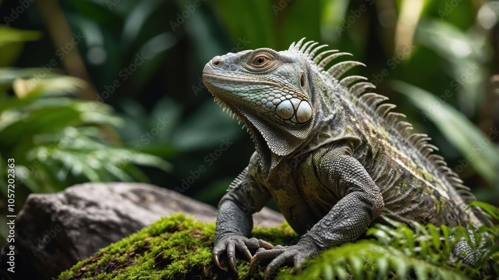 A close-up of an iguana resting on mossy rocks amidst lush greenery. A close-up of an iguana resting on mossy rocks amidst lush greenery.
