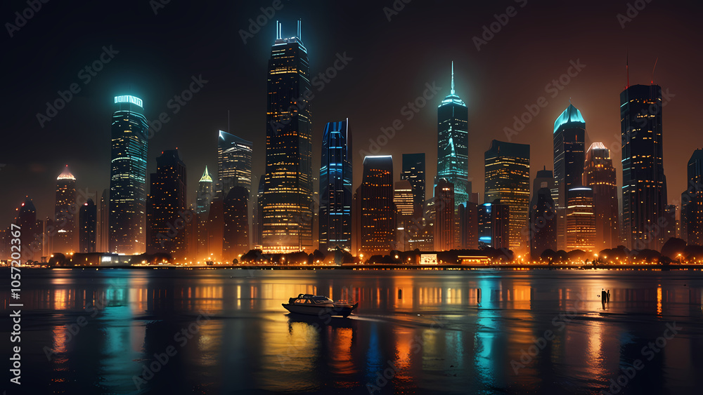 Naklejka premium Lively cityscape at night illuminated by city lights