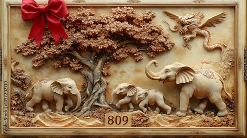 Elegant Thai-Style Golden Framed Elephant Art Painting Backdrop photo