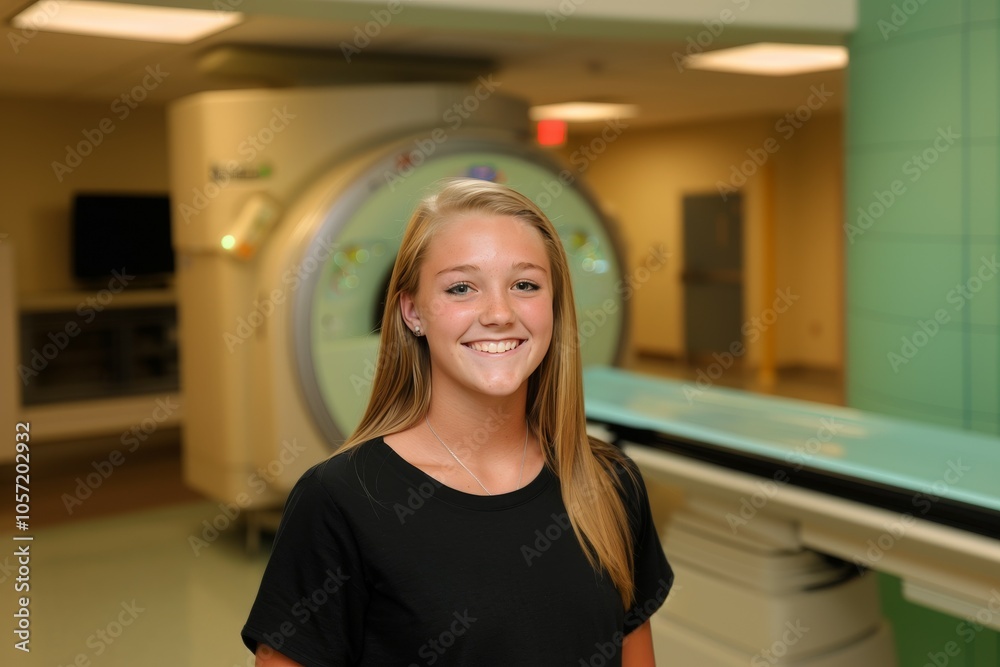 A photograph of female doctor, smiling, off-center, in a radiology room. Medical equipment in the background A photograph of female doctor, smiling, off-center, in a radiology room. Medical equipment in the background