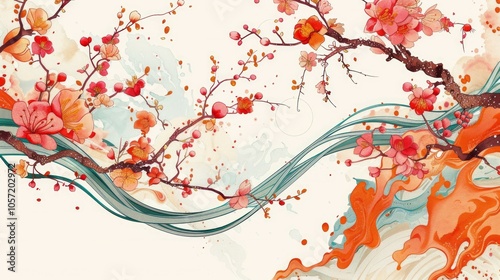 Fototapeta Naklejka Na Ścianę i Meble -  Includes orange, plum blossom, turquoise leaves, and pink petals.