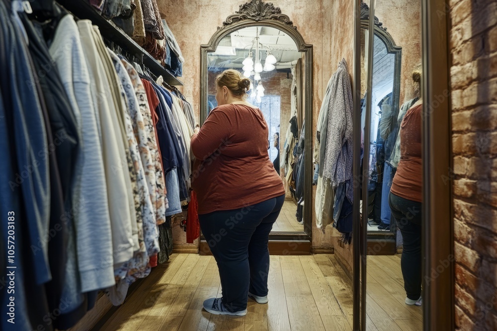 Fototapeta premium Overweight woman choosing clothes in a boutique changing room