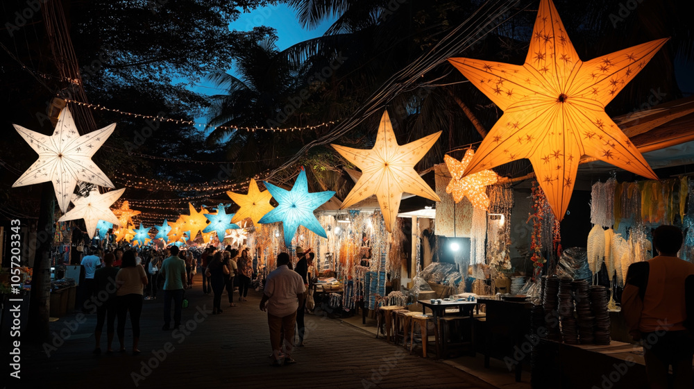 Fototapeta premium Vibrant night market street decorated with illuminated star-shaped lanterns, featuring people walking and shopping among various small stalls and outdoor displays under a canopy of trees.