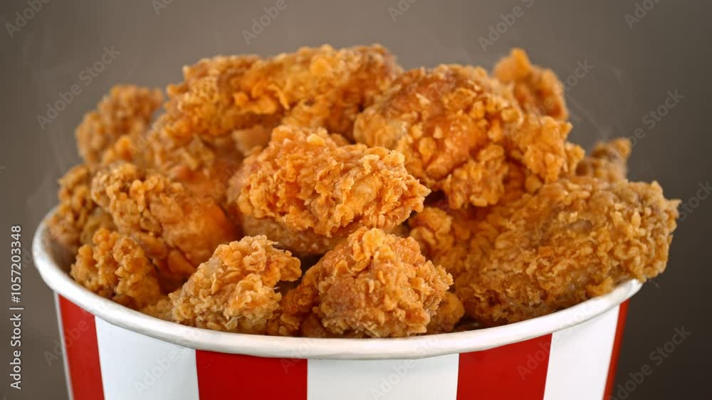 Slow Motion Shot of Fried Chicken Pieces and Smoke Rotating in a Bucket on Grey Background.
