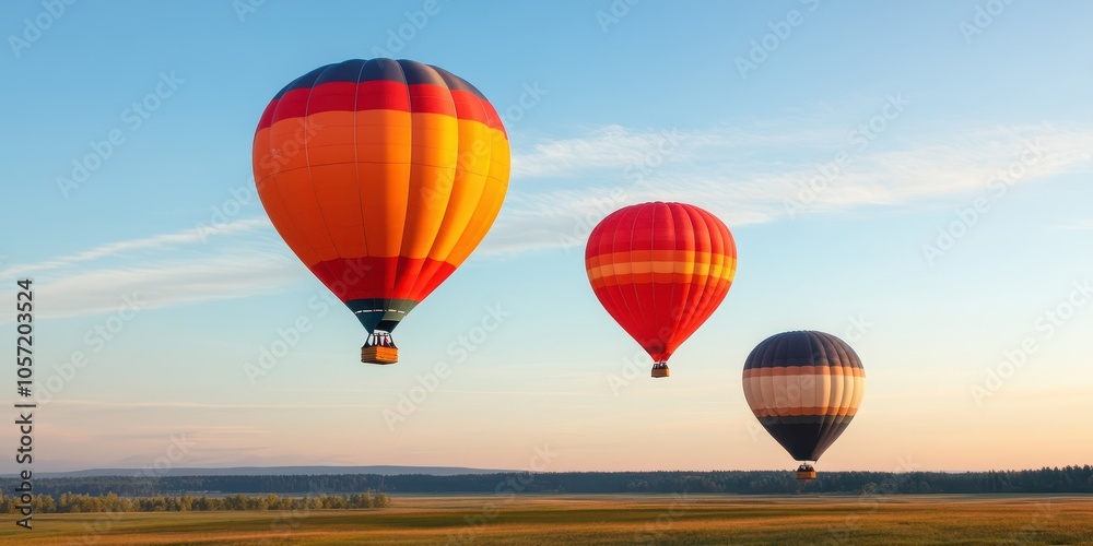 Obraz premium Colorful hot air balloons soaring over a wide landscape during sunset, showcasing vibrant hues in the sky.