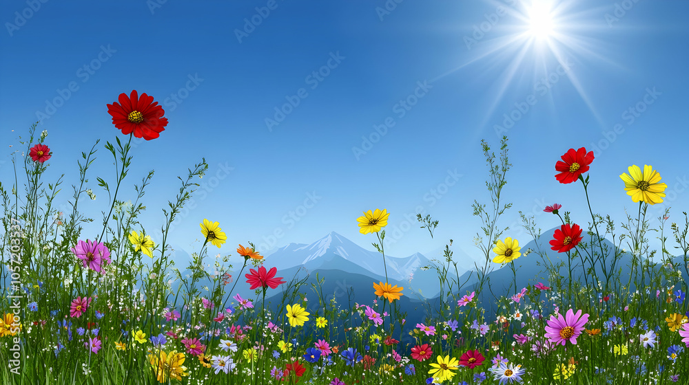 Colorful wildflowers bloom in a meadow with a mountain range in the background under a bright blue sky with a shining sun. Colorful wildflowers bloom in a meadow with a mountain range in the background under a bright blue sky with a shining sun.
