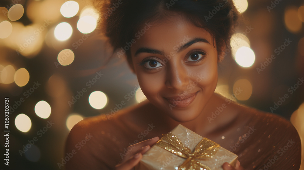 Woman Presenting Christmas Gift with Warm, Festive Background Woman Presenting Christmas Gift with Warm, Festive Background