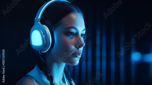 Futuristic woman with a sleek digital headset, seamlessly blending technology and human interaction, symbolizing innovation in communication photo