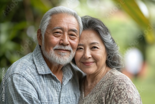 Happy elderly couple with lifestyle after retiree concept. Lovely asian seniors couple embracing together in the park in the morning, Generative AI