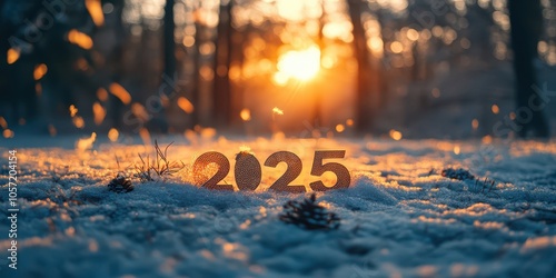 Embossed '2025' with a new year's dawn theme, symbolizing new beginnings and the start of the year, set against a bright background. photo