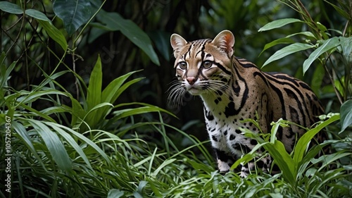 A close-up of an ocelot in a lush green environment, showcasing its striking fur patterns.