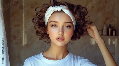 Young woman demonstrating heatless silk ribbon curls method, women's styling photo