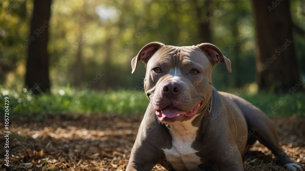 A happy dog lounging in a sunlit forest environment. A happy dog lounging in a sunlit forest environment.