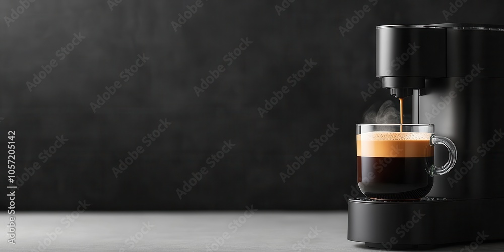 Espresso coffee brewing in a glass cup, modern coffee machine, dark background. Espresso coffee brewing in a glass cup, modern coffee machine, dark background.