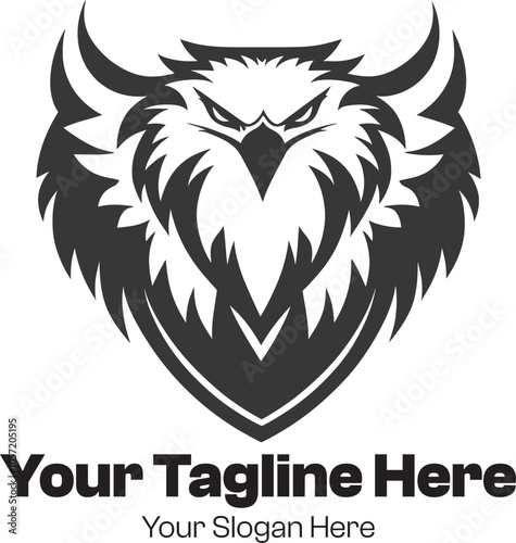fierce and highly detailed owl head logo, with intricate feathers forming a crest-like shape, projecting wisdom, intensity, and a formidable presence for a mascot or brand.