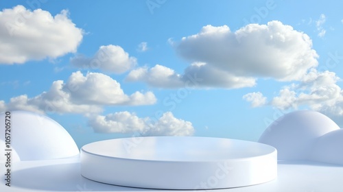 White podium platform with blue sky background and soft clouds generative ai