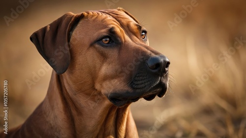 A close-up of a dog with a thoughtful expression against a blurred natural background.