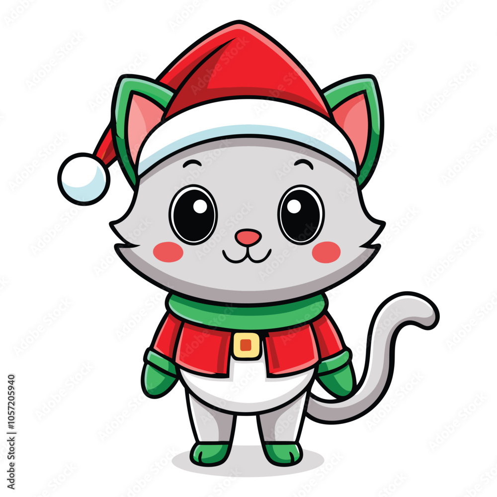 Naklejka premium Christmas-Themed Cute Cat Illustration for Holiday Designs, Cute Christmas Cat with Big Eyes and Santa Hat