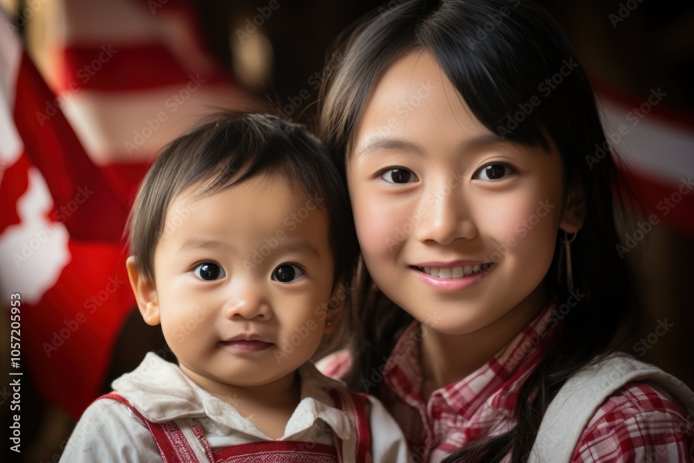 Two children posing together with American flags in the background, showcasing joy and togetherness. Two children posing together with American flags in the background, showcasing joy and togetherness.