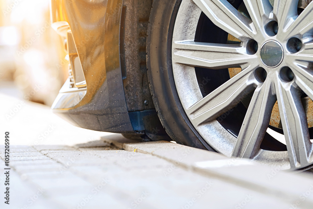 Car parked close to the curb. Risk of scratching the bumper while parking and damage tire. Low clearance, tire and bumper closeup.