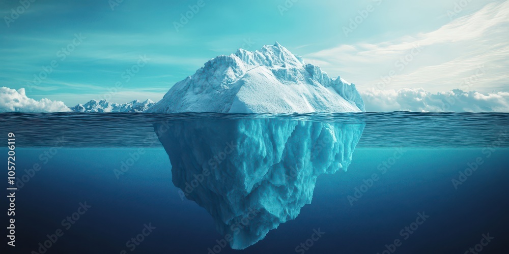 Melting glacier with a calving iceberg against a solid sky background, illustrating climate change effects. Melting glacier with a calving iceberg against a solid sky background, illustrating climate change effects.