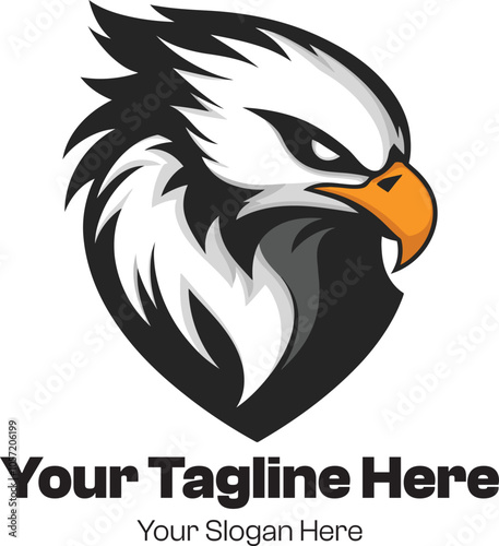 striking and realistic eagle head logo, facing forward with an intense gaze and a sharp orange beak, adding a touch of color to the bold monochrome design for maximum impact.