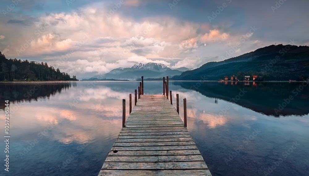Un pequeño embarcadero de madera, en medio de un lago de aguas tranquilas Un pequeño embarcadero de madera, en medio de un lago de aguas tranquilas