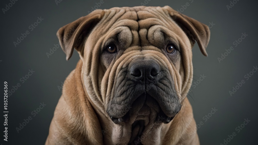 A close-up portrait of a wrinkled Shar Pei dog against a dark background. A close-up portrait of a wrinkled Shar Pei dog against a dark background.