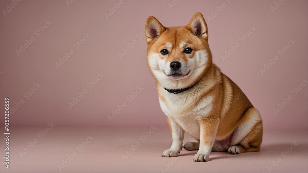 A Shiba Inu dog sitting against a soft pink background, showcasing its playful yet calm demeanor. A Shiba Inu dog sitting against a soft pink background, showcasing its playful yet calm demeanor.