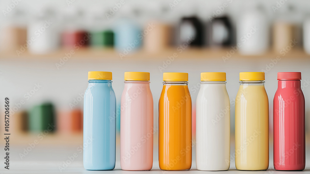 Colorful bottles lined up on table with blurred background Colorful bottles lined up on table with blurred background