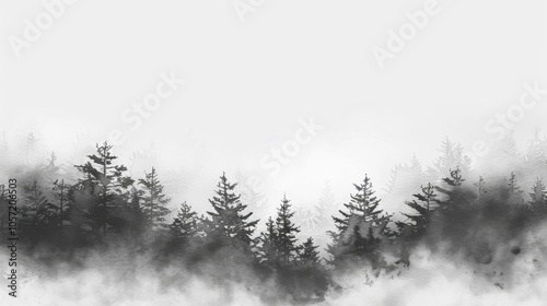 watercolor black and white pine tree forest landscape with fog on isolated background
