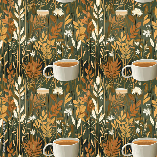 Seamless background. Cappuccino cup on gray-green plant background  photo