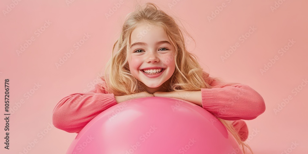 Portrait of a blonde girl lying on a pink ball, smiling brightly against a pastel background, showing joyful expression. Portrait of a blonde girl lying on a pink ball, smiling brightly against a pastel background, showing joyful expression.